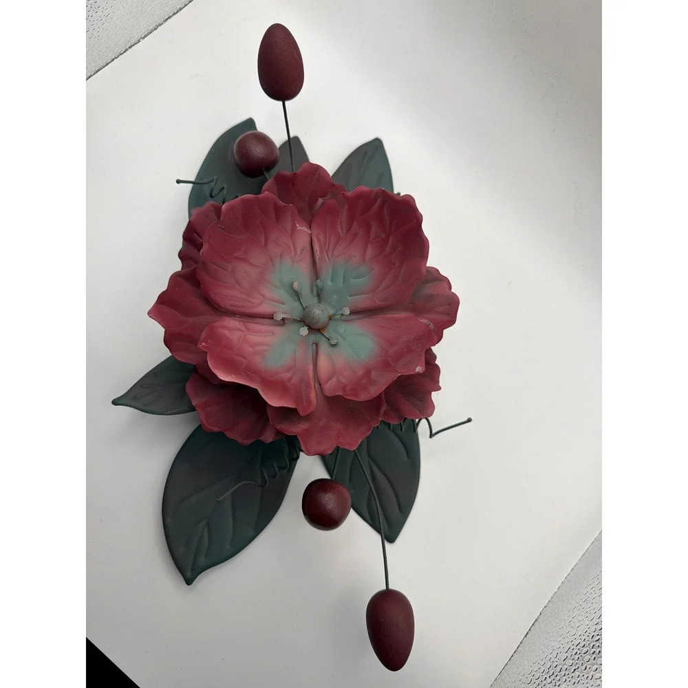 Vintage Metal Flower Wall Sconce Pair Dusty Rose Sage Green Floral Decor Set 2